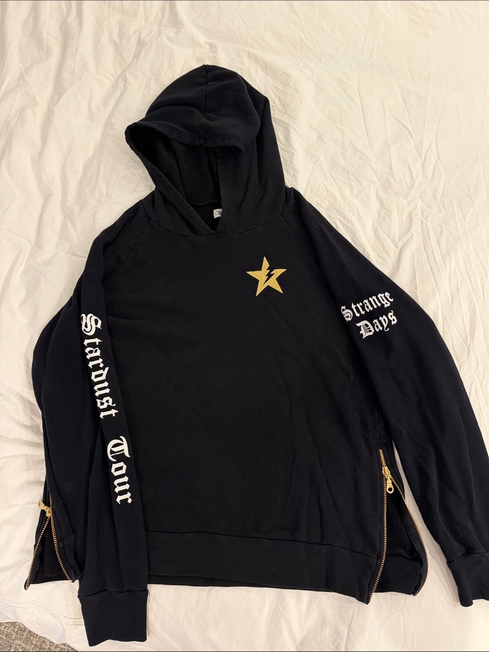 Lauren Moschi Black Hooded Sweatshirt with Gold Star Accent and Splatter Back